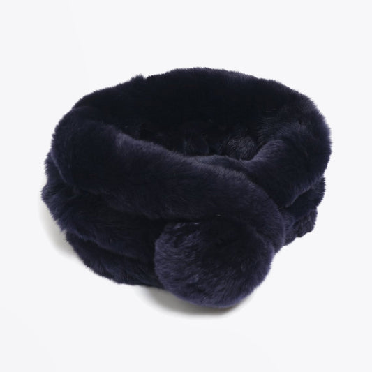 - Rabbit Fur Pom Pom Scarf - Navy