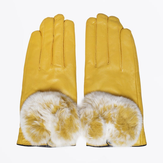 - Rabbit Fur Trim Gloves - Mustard