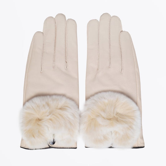 - Rabbit Fur Trim Gloves - Cream