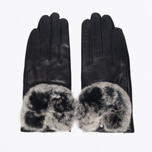 - Rabbit Fur Trim Gloves - Black