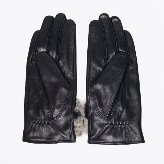 - Rabbit Fur Trim Gloves - Black