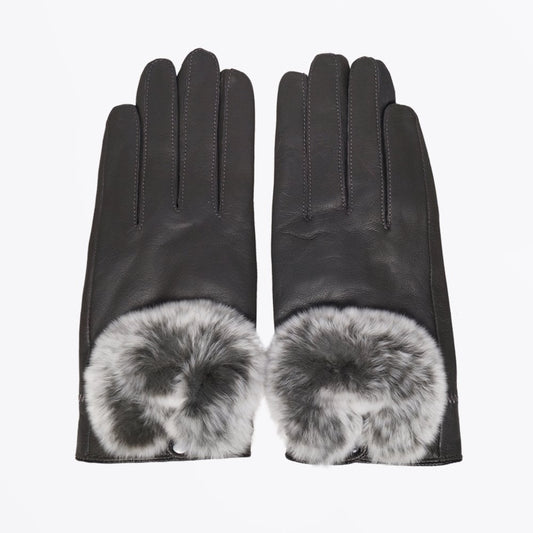 - Rabbit Fur Trim Gloves - Grey