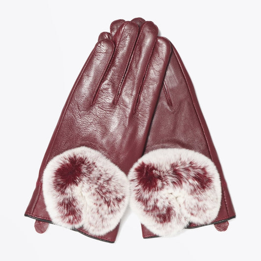 - Rabbit Fur Trim Gloves - Wine