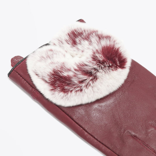 - Rabbit Fur Trim Gloves - Wine
