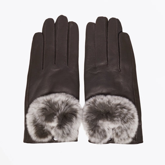 - Rabbit Fur Trim Gloves - Chocolate
