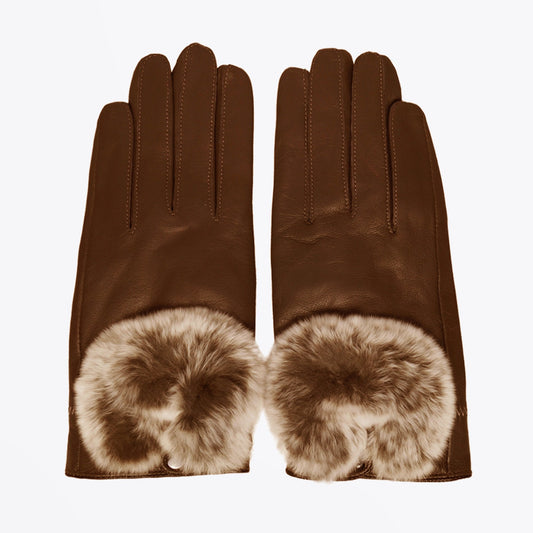 - Rabbit Fur Trim Gloves - Tan