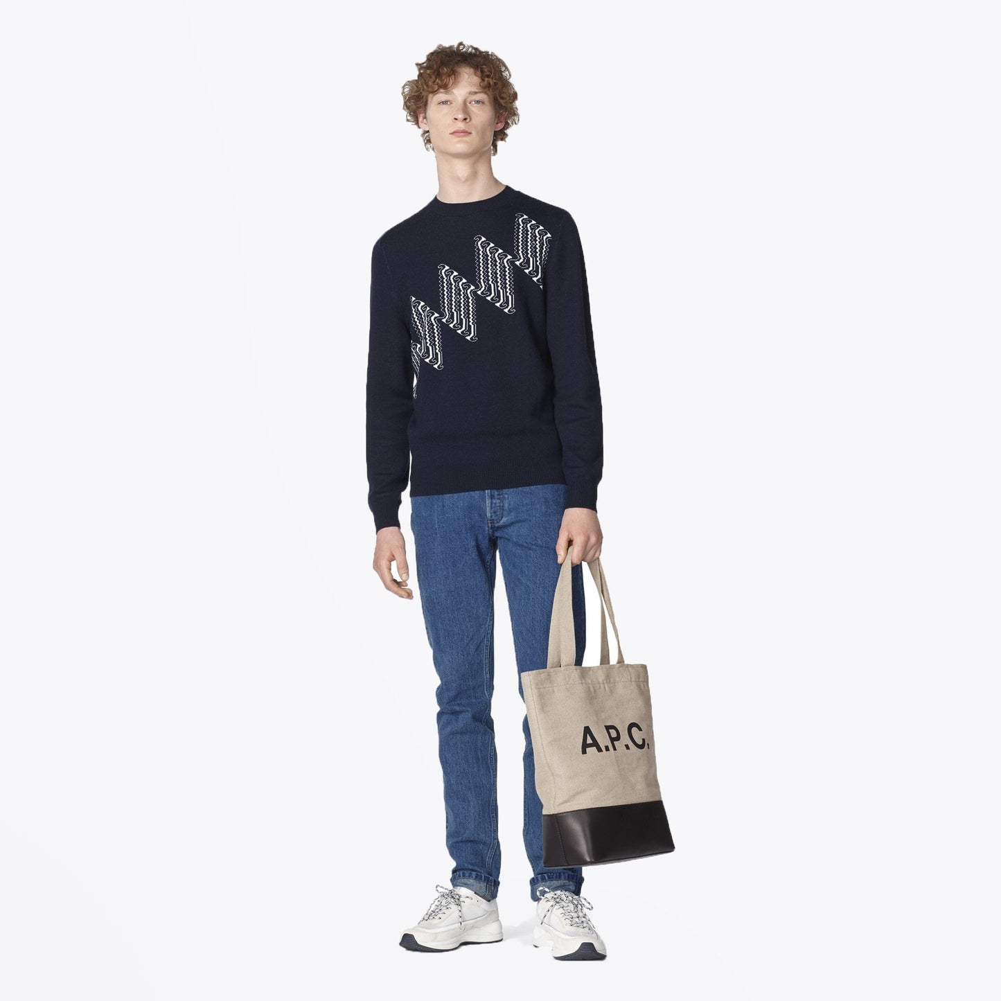 Jacquard Merino Wool Sweater - Navy