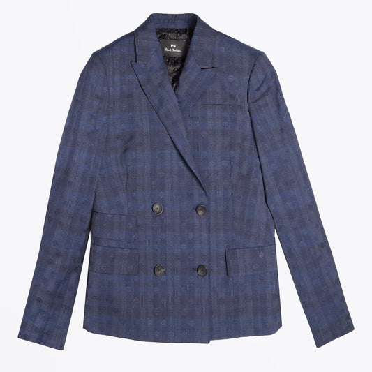 - Double Breasted Jacquard Wool Blazer - Navy