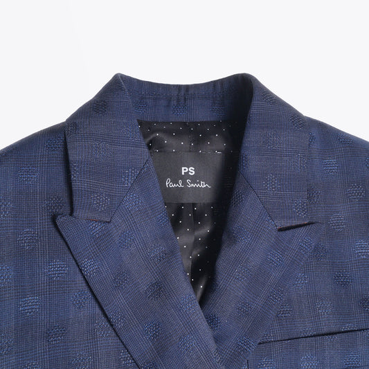 - Double Breasted Jacquard Wool Blazer - Navy