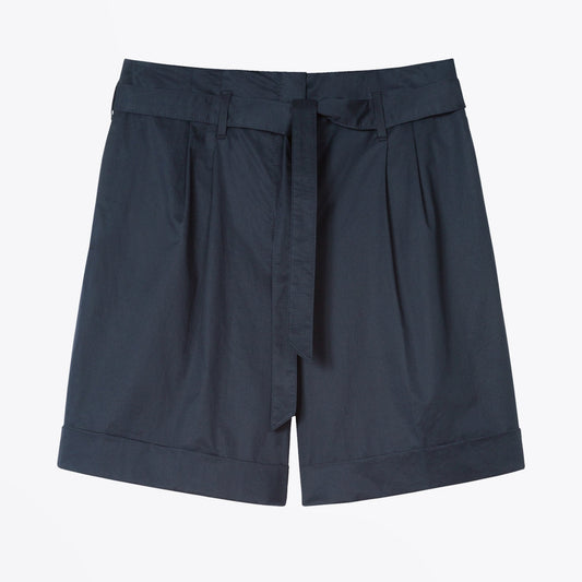 - Poplin Stretch Shorts with Belt - Navy