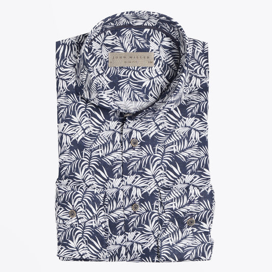 - Printed Palm Leaf Shirt - Navy