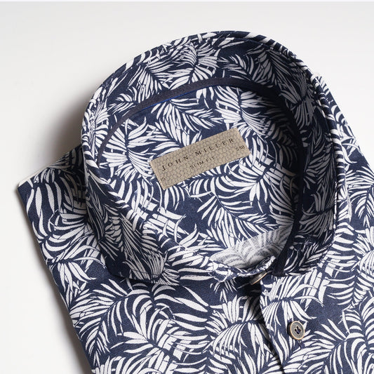 - Printed Palm Leaf Shirt - Navy