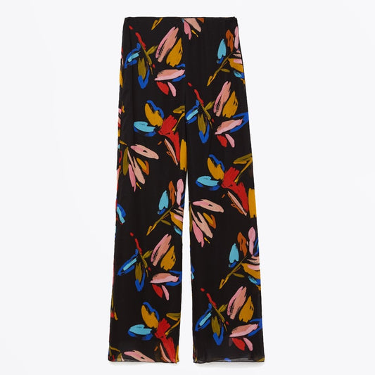 - Printed Palazzo Trousers - Black