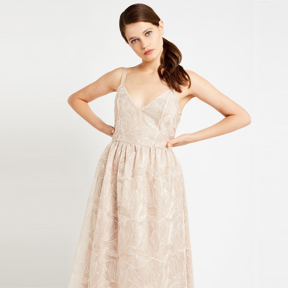 - Embroidered Sequin Midi Dress - Beige