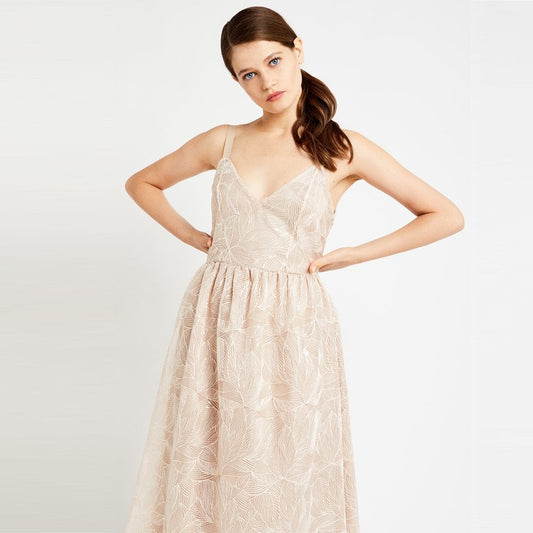 - Embroidered Sequin Midi Dress - Beige