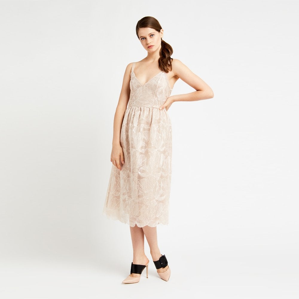 - Embroidered Sequin Midi Dress - Beige