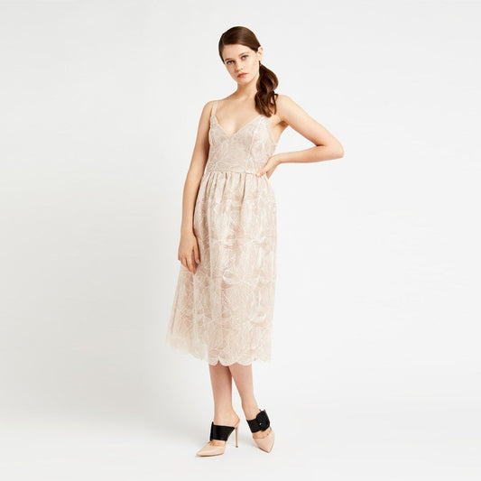 - Embroidered Sequin Midi Dress - Beige