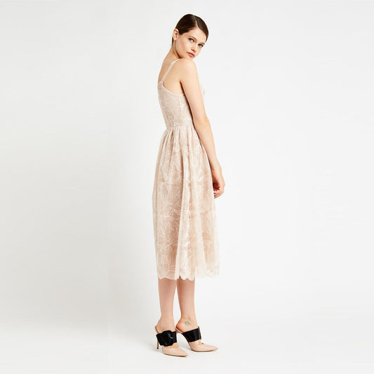 - Embroidered Sequin Midi Dress - Beige