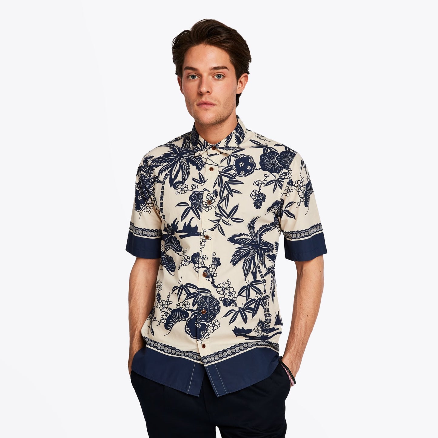 - Tropical Print Shirt - Beige/Navy