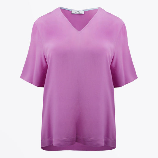 - V-Neck Silk Blend Top - Lilac/Pink