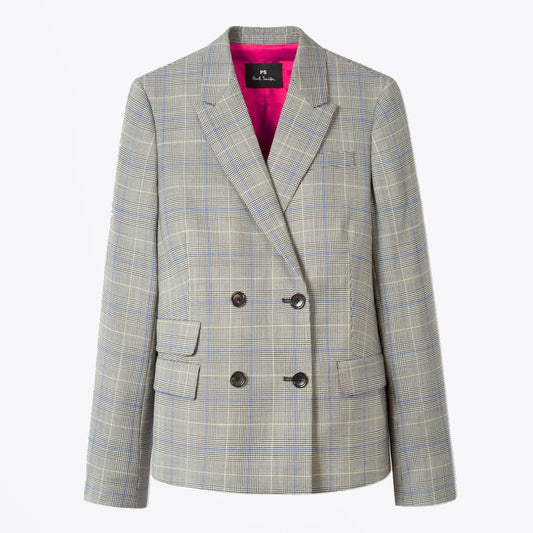 - Double Breasted Checked Wool Blazer - Grey
