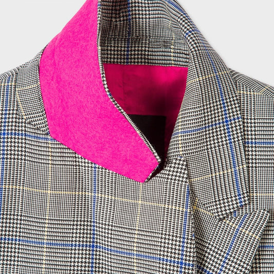 - Double Breasted Checked Wool Blazer - Grey