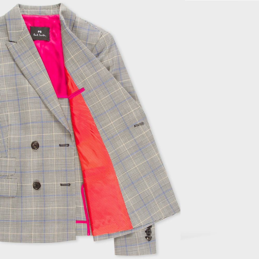 - Double Breasted Checked Wool Blazer - Grey