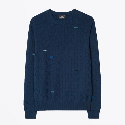 - Check Cotton Sweater - Navy