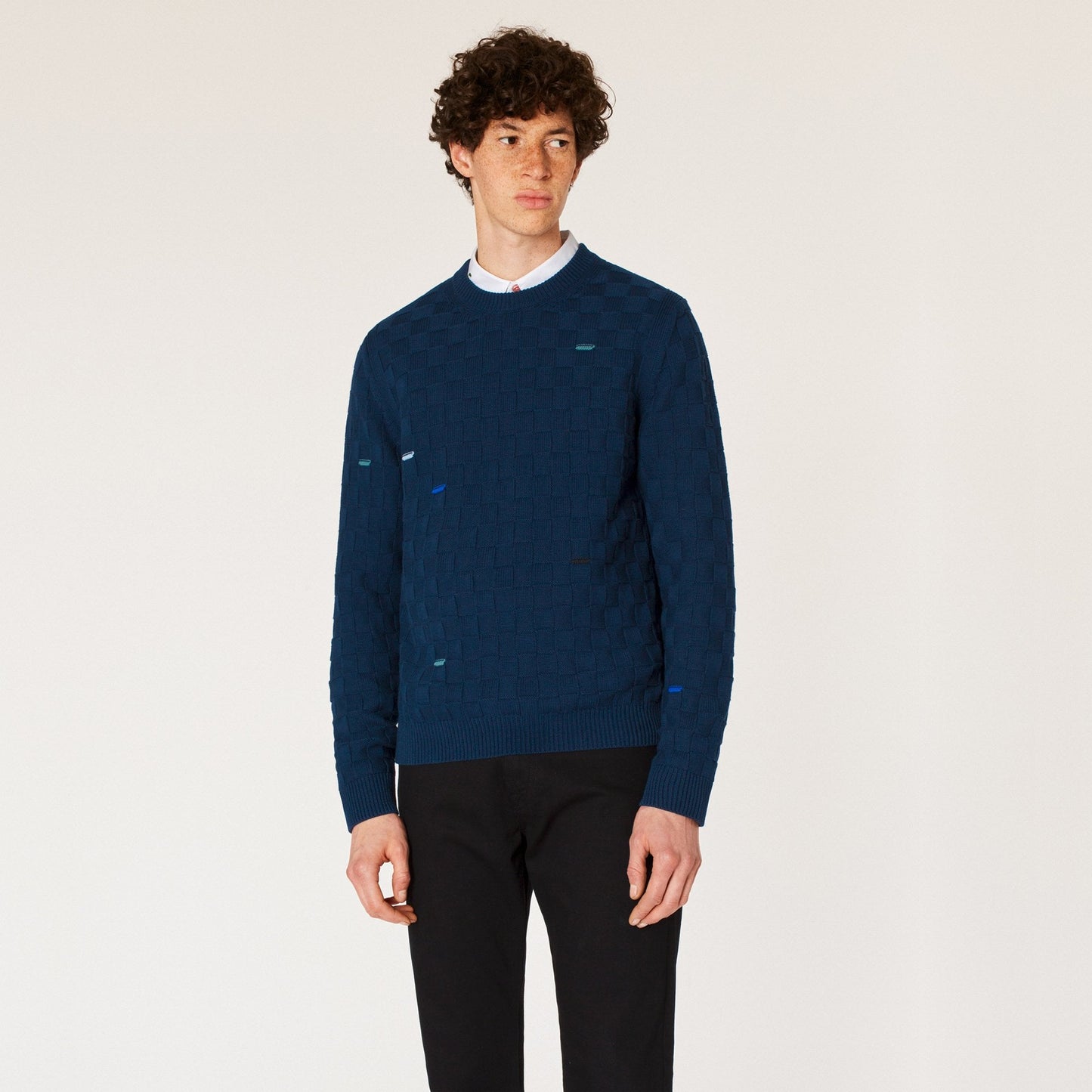 - Check Cotton Sweater - Navy