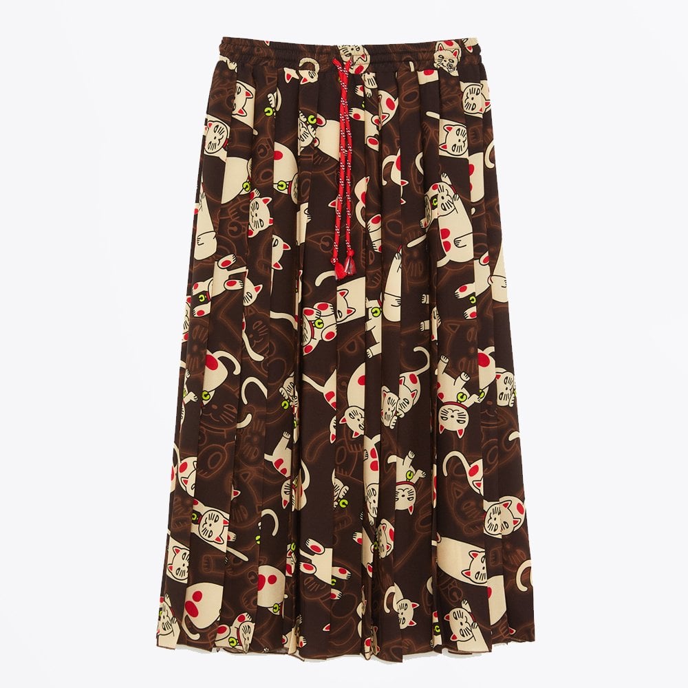 Ottod'Ame Maneki Neko Long Cat Print Skirt - Brown