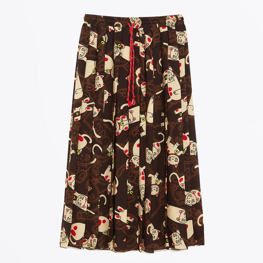 Maneki Neko Long Cat Print Skirt - Brown