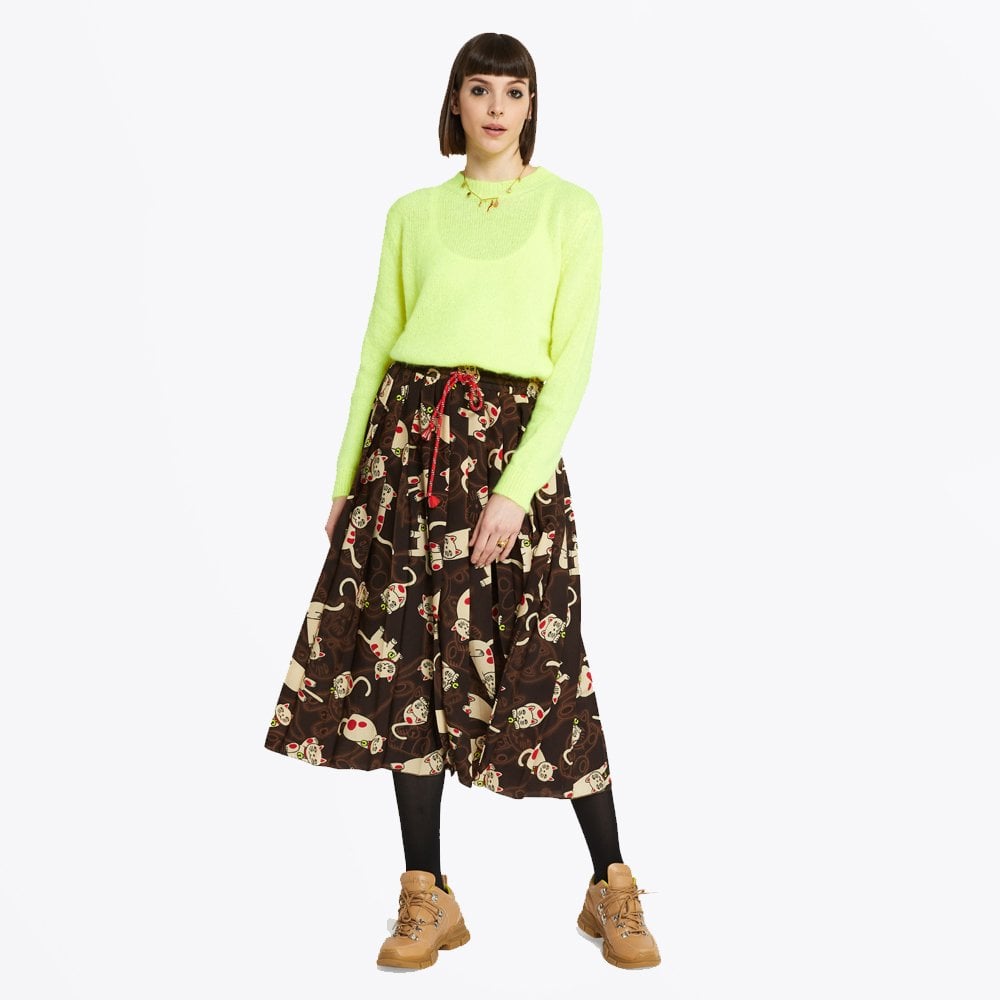 Ottod'Ame Maneki Neko Long Cat Print Skirt - Brown
