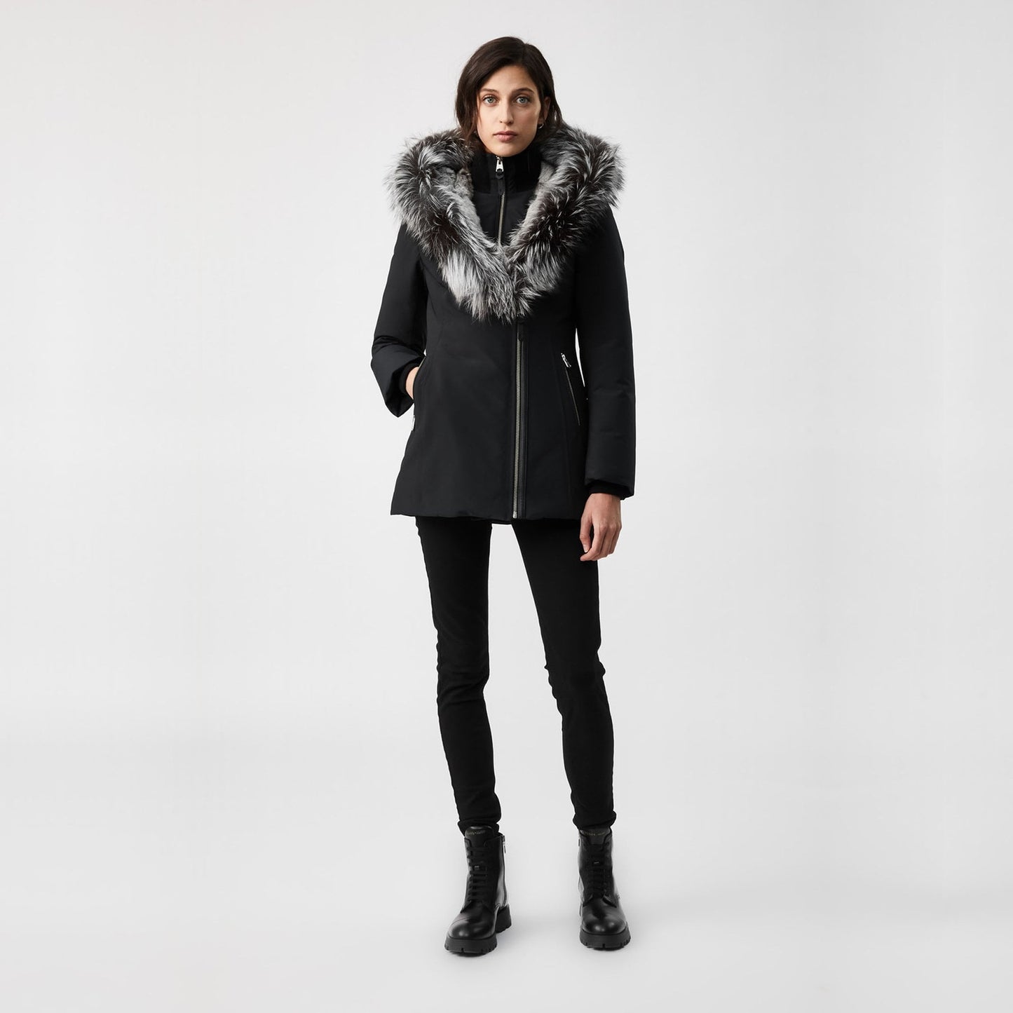 - Akiva Winter Down Coat With Silver Fox Fur Collar – Black