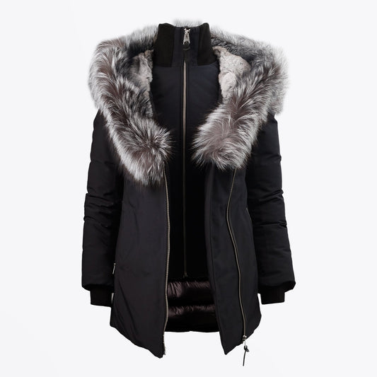 - Akiva Winter Down Coat With Silver Fox Fur Collar – Black