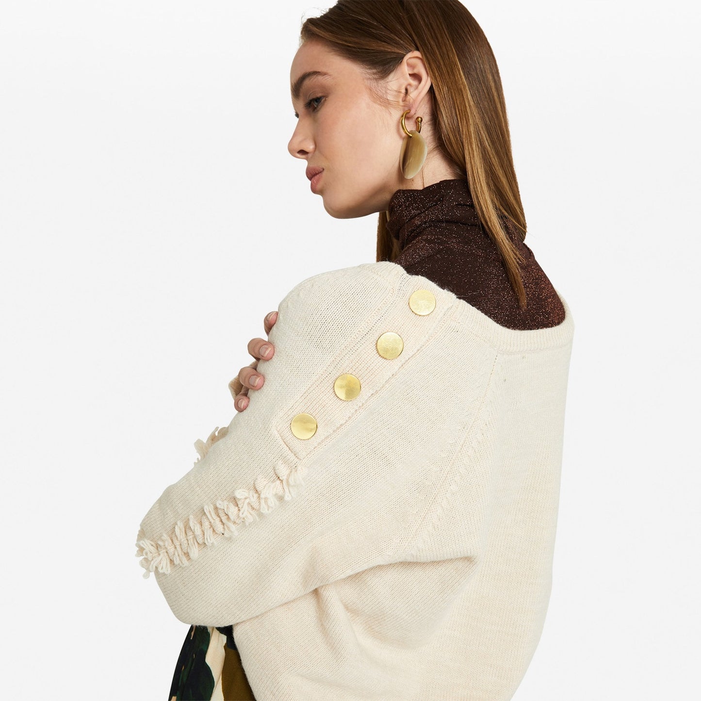 - V-Neck Gold Button Knit - Cream