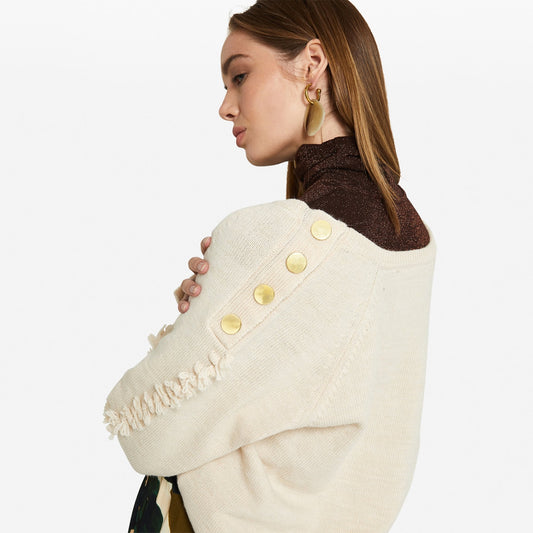 - V-Neck Gold Button Knit - Cream