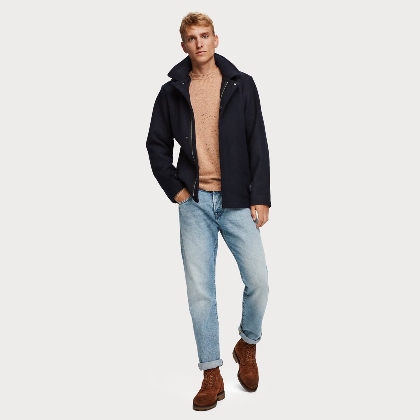 - Wool Blend Hooded Jacket - Navy