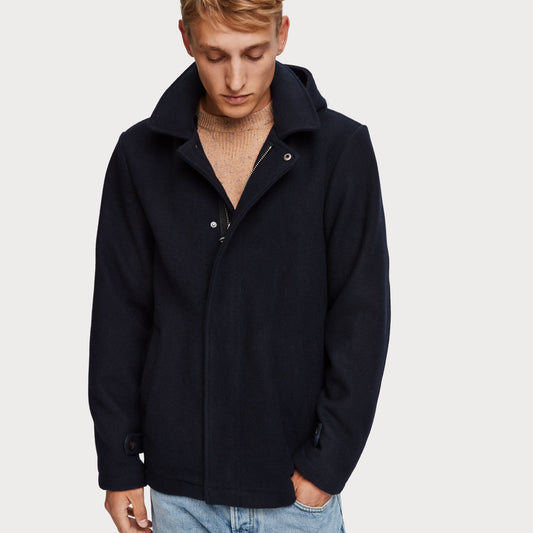 - Wool Blend Hooded Jacket - Navy