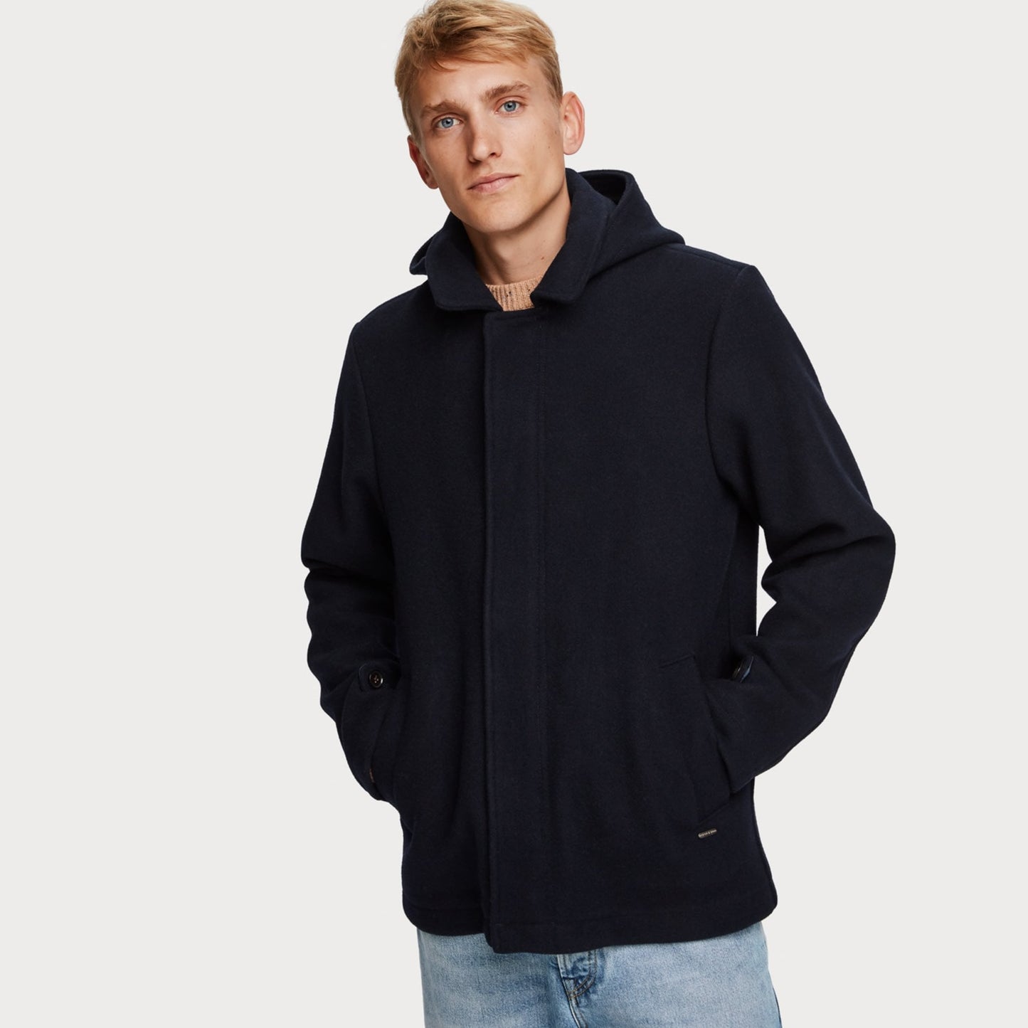 - Wool Blend Hooded Jacket - Navy