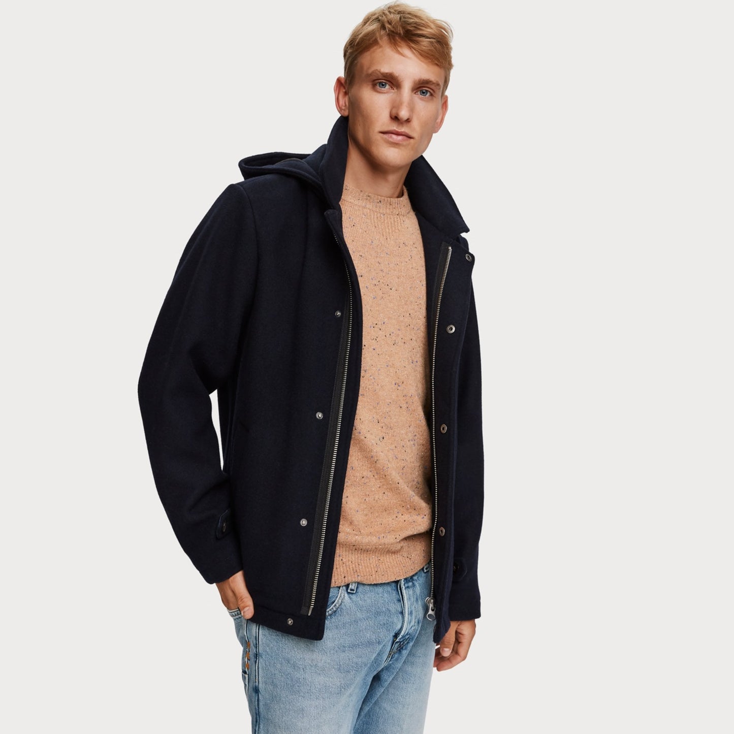 - Wool Blend Hooded Jacket - Navy