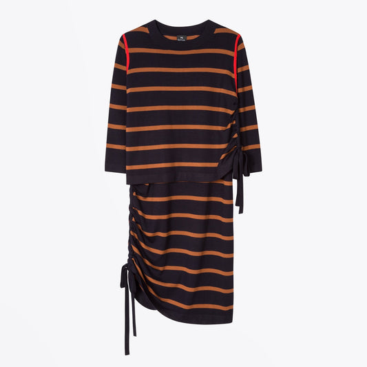 - Stripe Double-Layer Knitted Dress - Navy