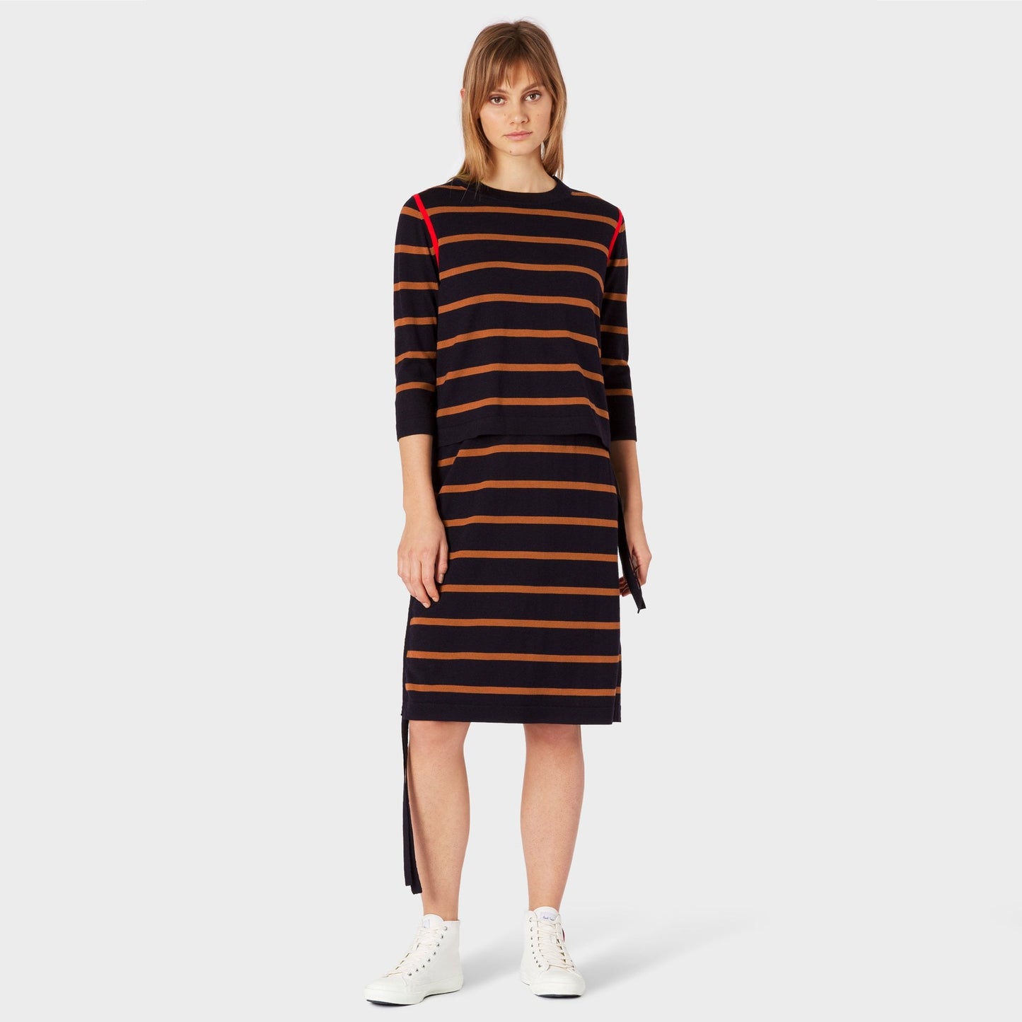 - Stripe Double-Layer Knitted Dress - Navy