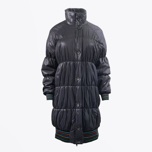 - Quilted Coat With Stripe Waistband And Cuffs - Black