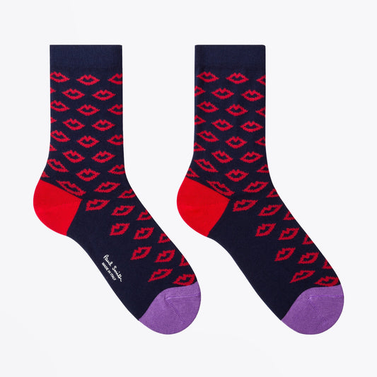 - 'Lips' Motif Socks - Navy
