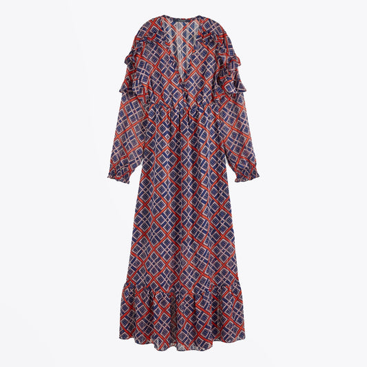 - Printed Maxi Dress - Blue/Red