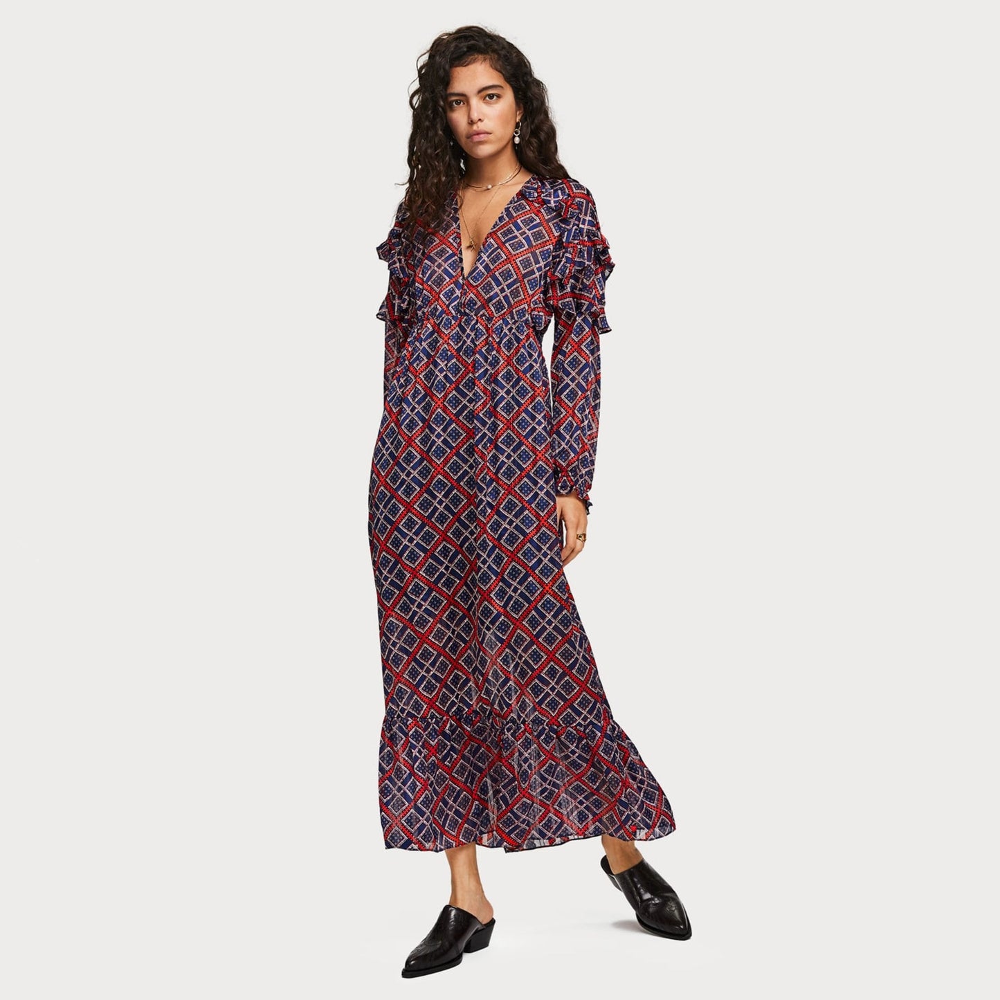 - Printed Maxi Dress - Blue/Red