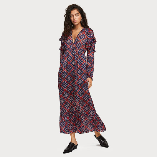 - Printed Maxi Dress - Blue/Red