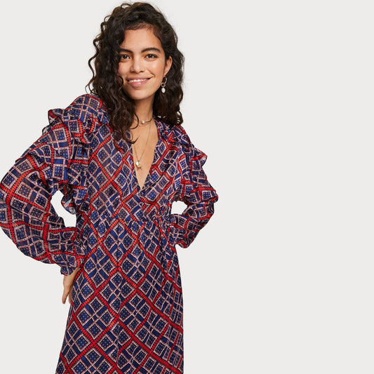 - Printed Maxi Dress - Blue/Red