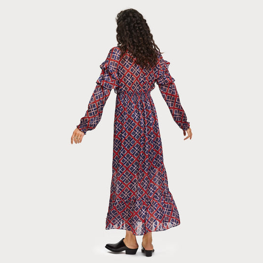 - Printed Maxi Dress - Blue/Red