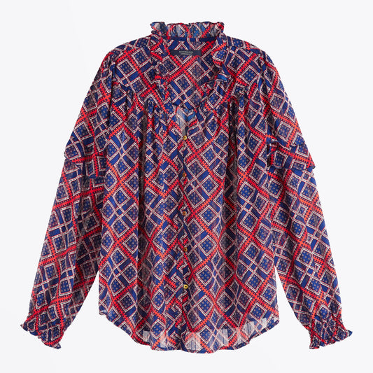 - Sheer Printed Blouse - Blue/Red